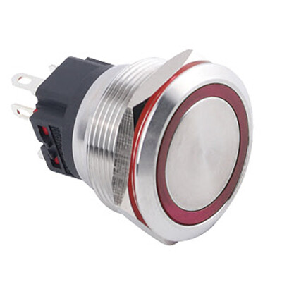 WD25B-P1-E 25mm Düz Yaylı Işıklı Metal Buton - Kırmızı