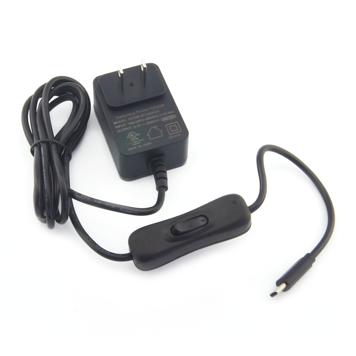 USB-C Power Supply, 5.1V 3.0A, UL Listed, On/Off Switch, for Pi 4 & Pi 400