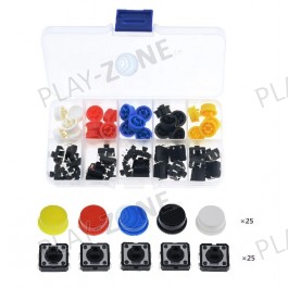 25 Stk. Platinenschalter 12 x 12 x 7.3mm mit Kappe in 5 Farben mit Box