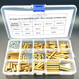 180-Teiliges Set mit Abstandshaltern 6mm - 30mm, Schrauben und Muttern (M3)