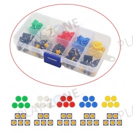 Set: 25 Stk. Platinenschalter 12 x 12 x 7.3mm mit Kappe in 5 Farben mit Box