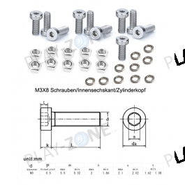 10 Stk. M3X8 Schrauben Innensechskant mit Muttern und Unterlagsscheiben