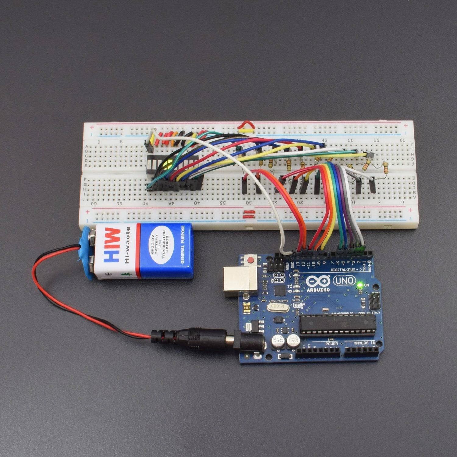 make a project using 10 segment LED bar graph scrolling using arduino uno -KT721