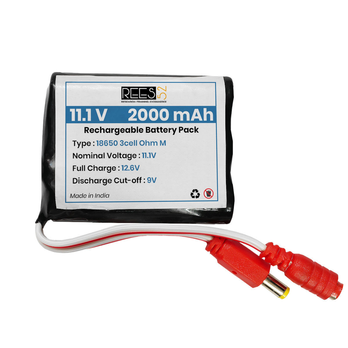12V 2000mAh Rechargeable Battery 2Ah 3Cell 18650 Lithium-ion Battery Pack with Male & Female DC Jack - RS342