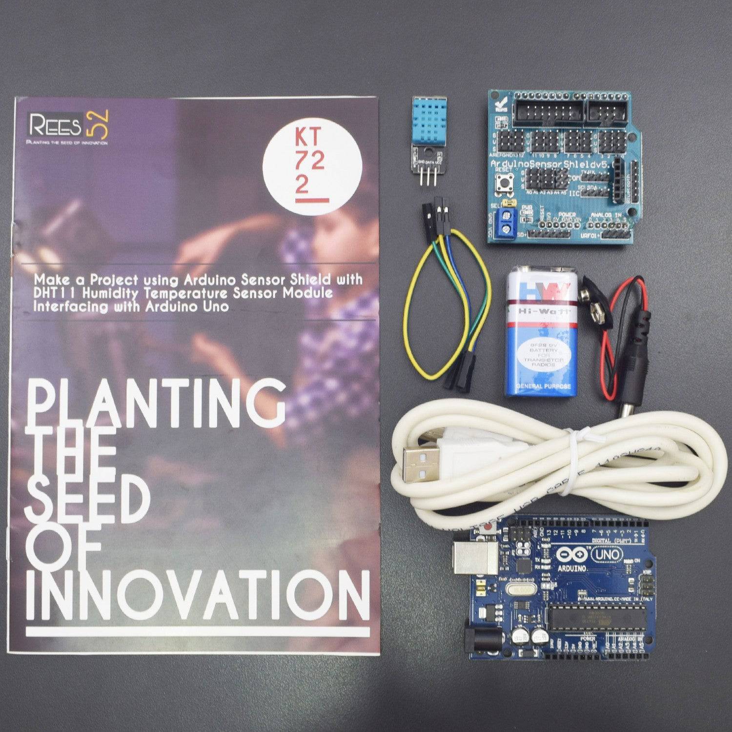 Make a project using Arduino sensor shield using DHT11 temperature and humidity sensor interfacing with Arduino uno - KT722