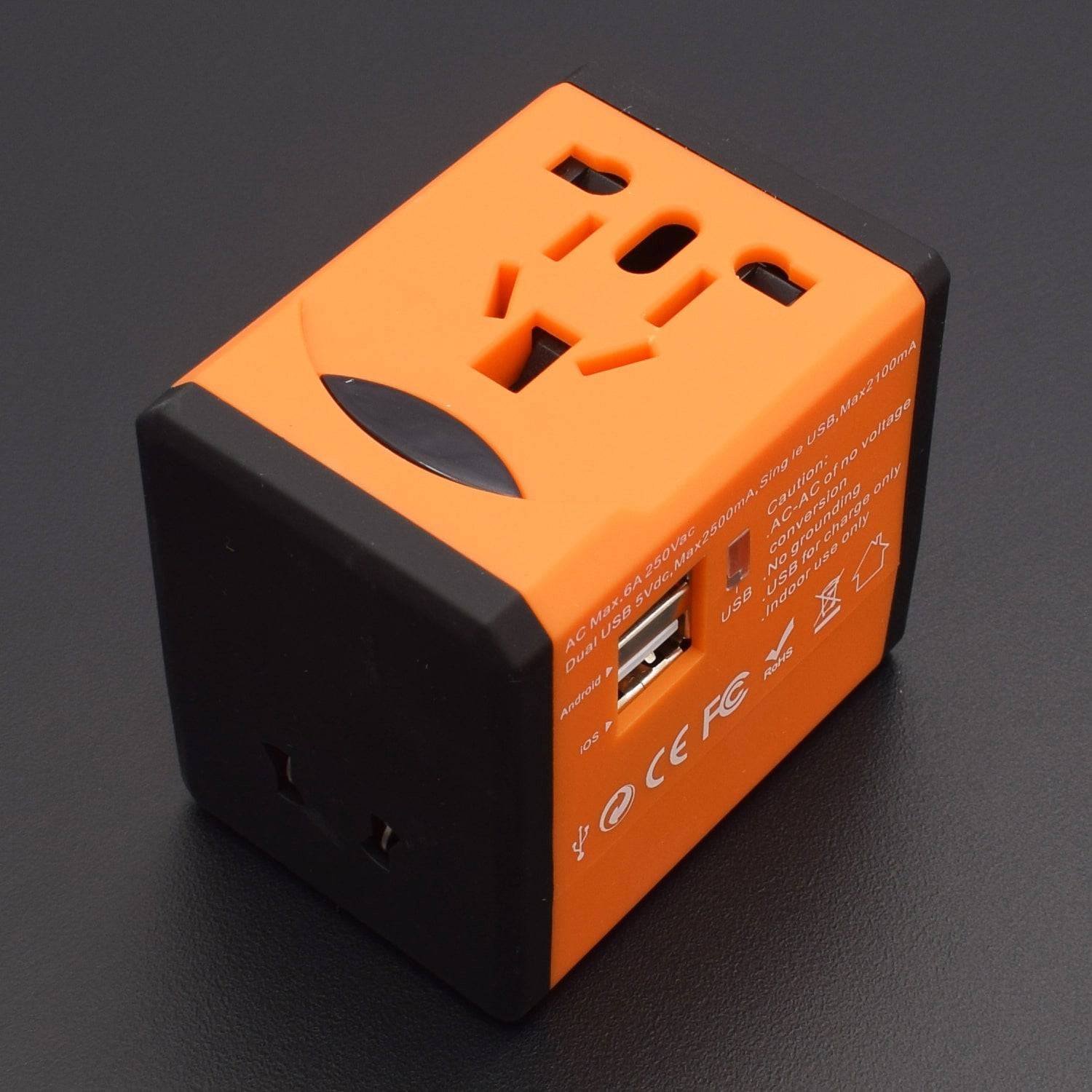 Travel Adapter with 2 USB Charger All in One Universal Plug Adapter Charger for Android and iOS ORANGE - RS588