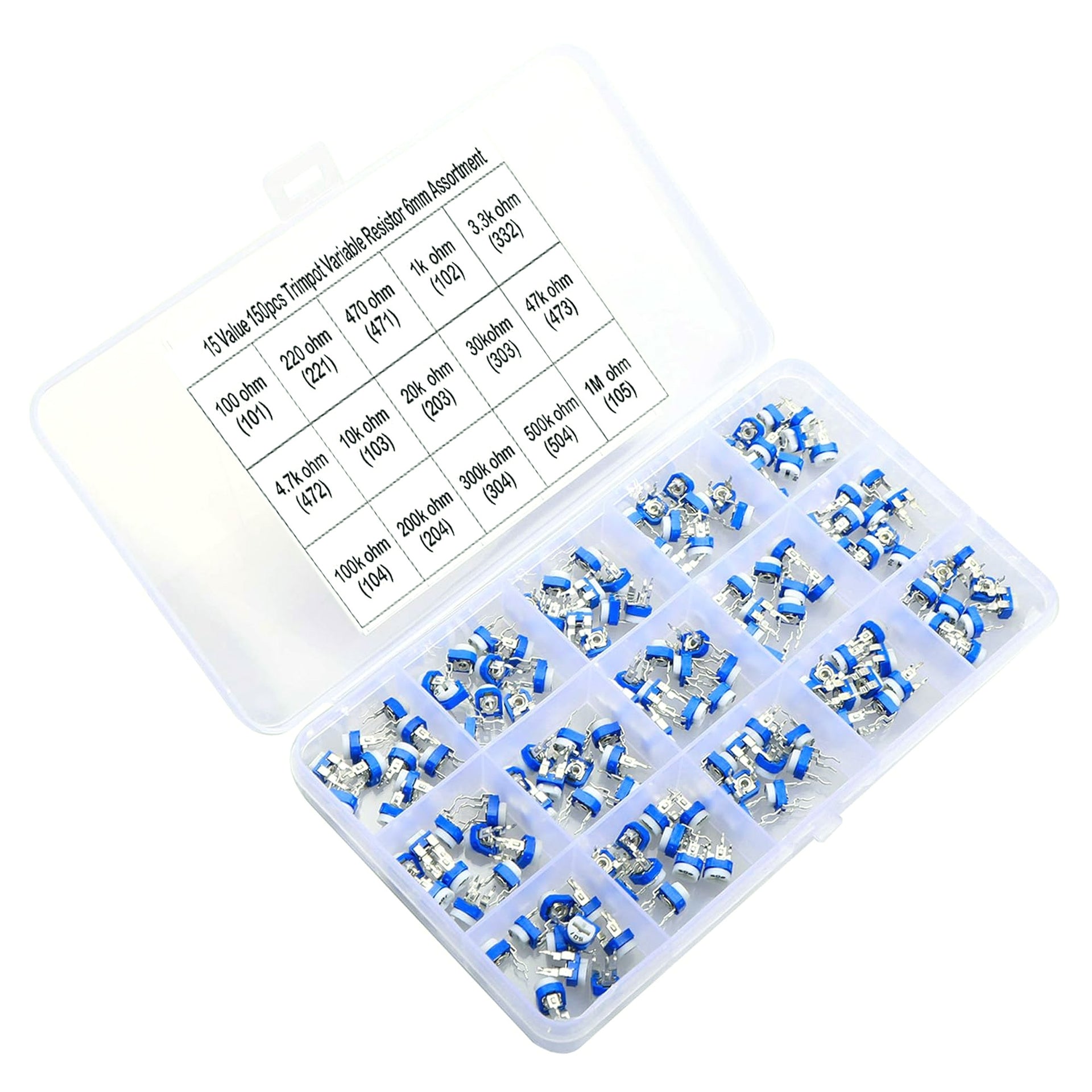 150 Pcs 15 Value 100 ohm- 1M ohm Trimpot Variable Resistor 6mm Potentiometer Assortment Kit - RS1135