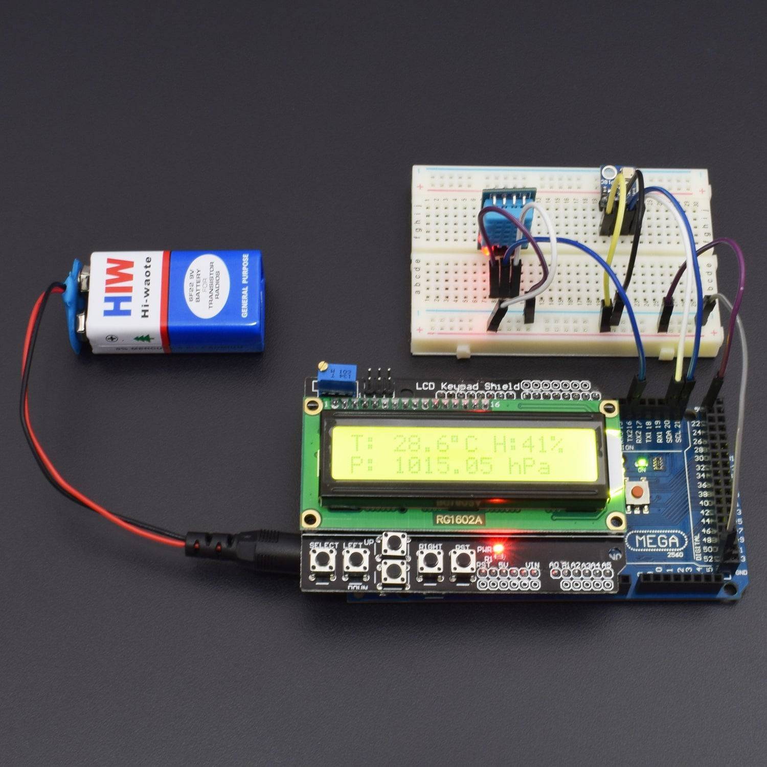 Make a weather station project with BMP180 , DHT11 Sensor and 16*2 LCD Keypad shield interfacing with arduino mega - KT793