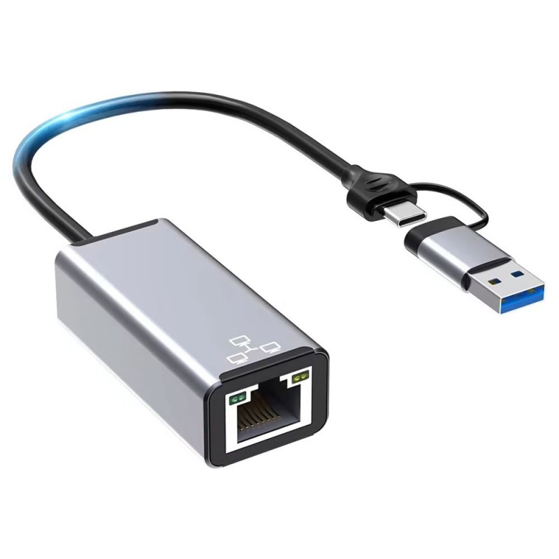 Network adapter DeTech USB-AUSB-C - RJ45, 1000Mbps, Gray