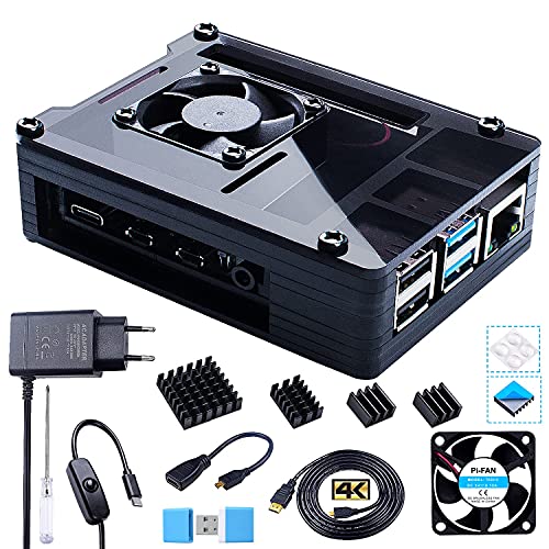 Bruphny Case per Raspberry Pi 4 con Ventola, 5.1V 3A USB-C Alimentatore, 4 Dissipatore, 1.8M Micro-HDMI Cavo, USB Lettore di Schede, Micro HDMI to HDMI Adattatore per Raspberry Pi 4 Modello B, raspberry pi 4 kit