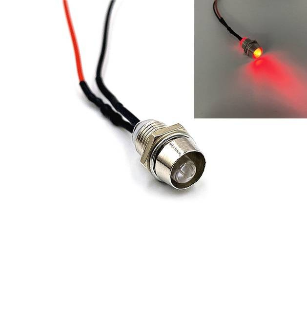 Kontrolka LED 5mm 12V DC czerwona clear, oprawka metalowa wklęsła