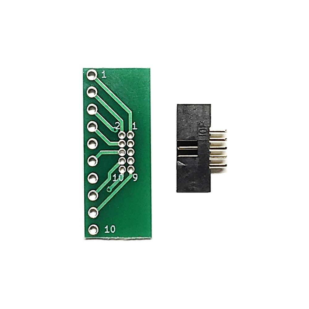 ピッチ変換基板（1.27mm 2×5P⇔2.54mm 1×10P）、ボックスヘッダ付