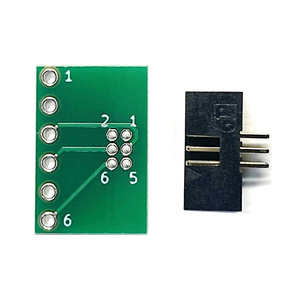 ピッチ変換基板(1.27mm 2×3P⇔2.54mm 1×6P)、ボックスヘッダ付