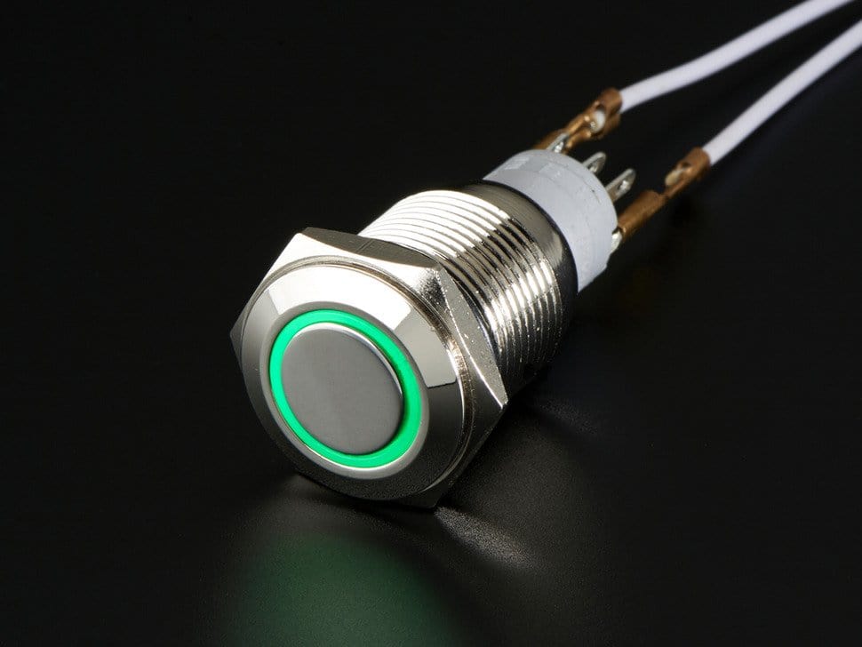Rugged Metal On/Off Switch with Green LED Ring (16mm Green On/Off)