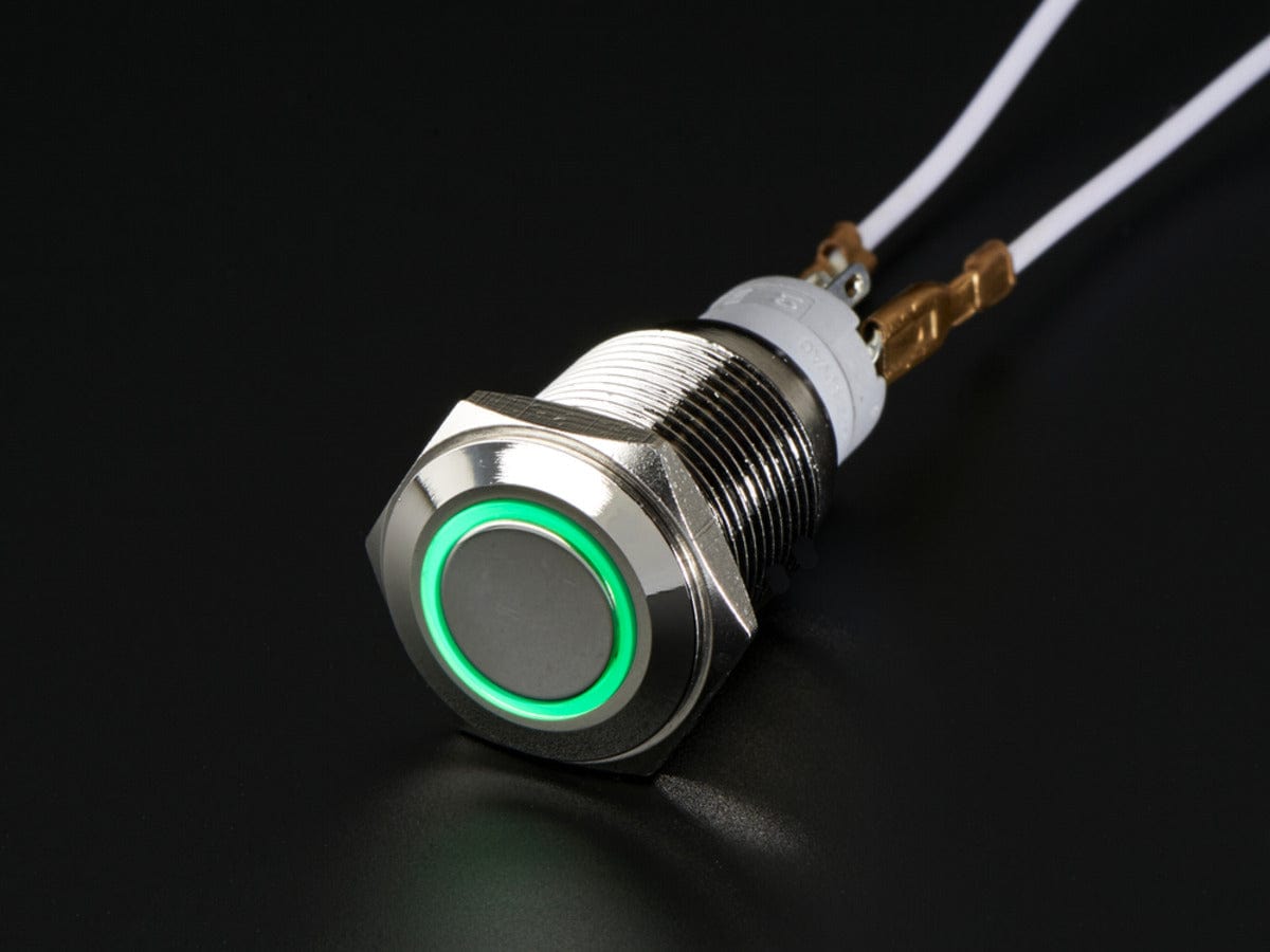 Rugged Metal Pushbutton with Green LED Ring (16mm Green Momentary)